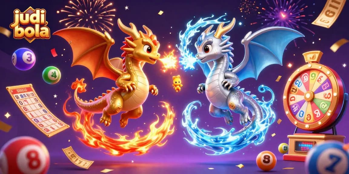 Bet on judi bola with vibrant dragons and exciting casino elements in a dynamic scene.