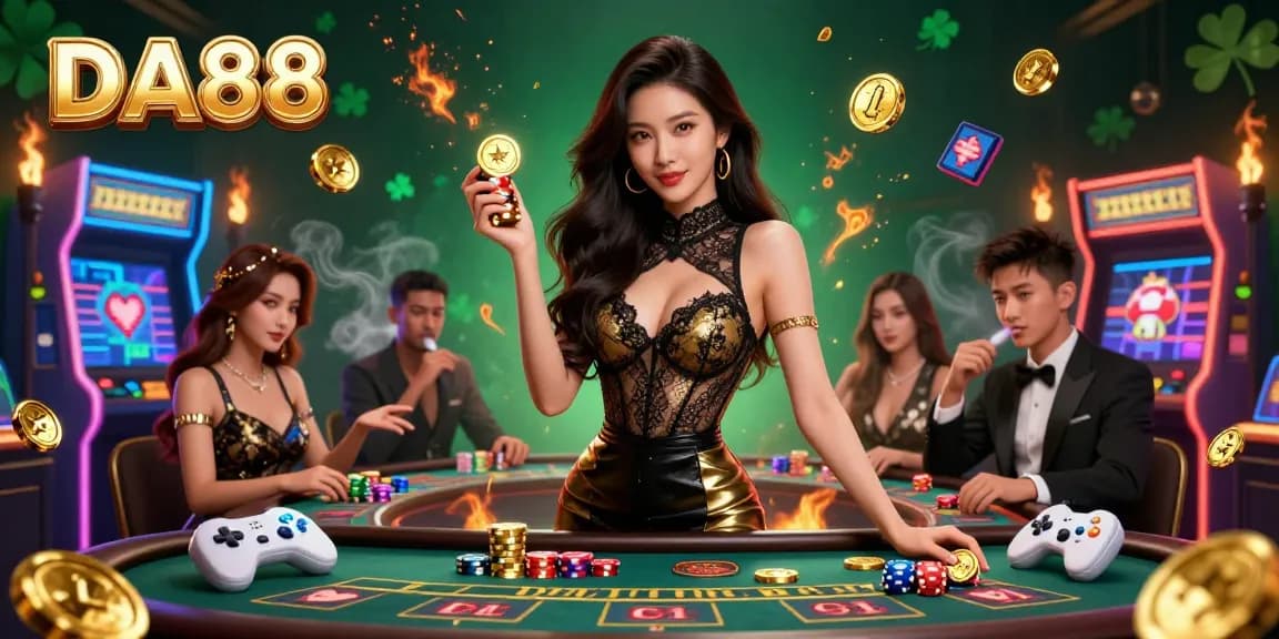Experience high-stakes play with DA88 at a VIP baccarat table, showcasing vibrant casino elements.