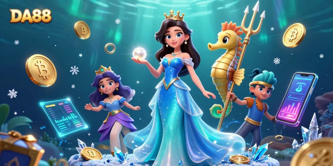 Engage with DA88's underwater treasure hunt featuring glamorous characters and dynamic crypto elements