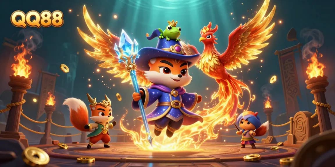 Experience QQ88's vibrant casino world with a mystical wizard fox and phoenix in a dynamic scene.