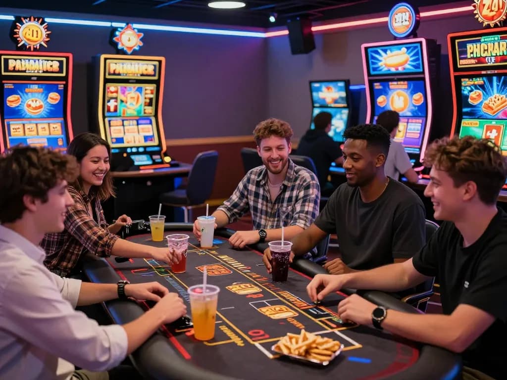 Friends enjoying an exciting gaming session at EE88 online casino, surrounded by vibrant visuals and engaging games.