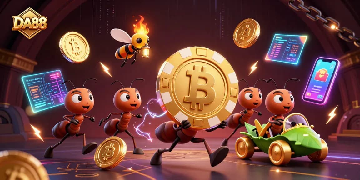 Engage with DA88's world of online gaming by viewing ants carrying a giant poker chip.