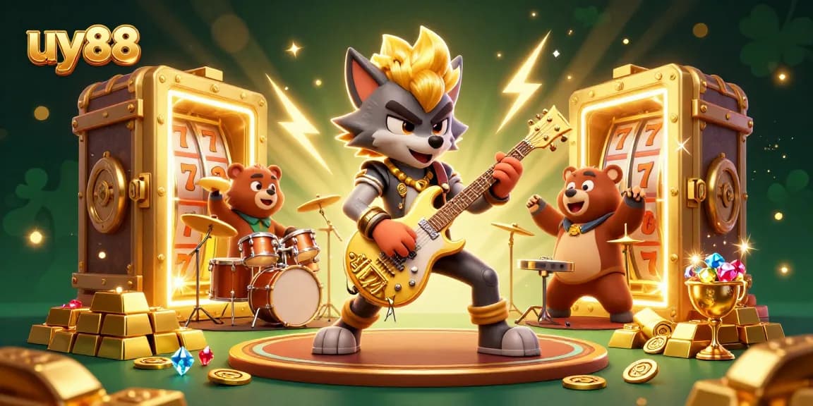 Spin the reels at uy88 while a rock star wolf plays guitar amidst a treasure-filled casino stage.