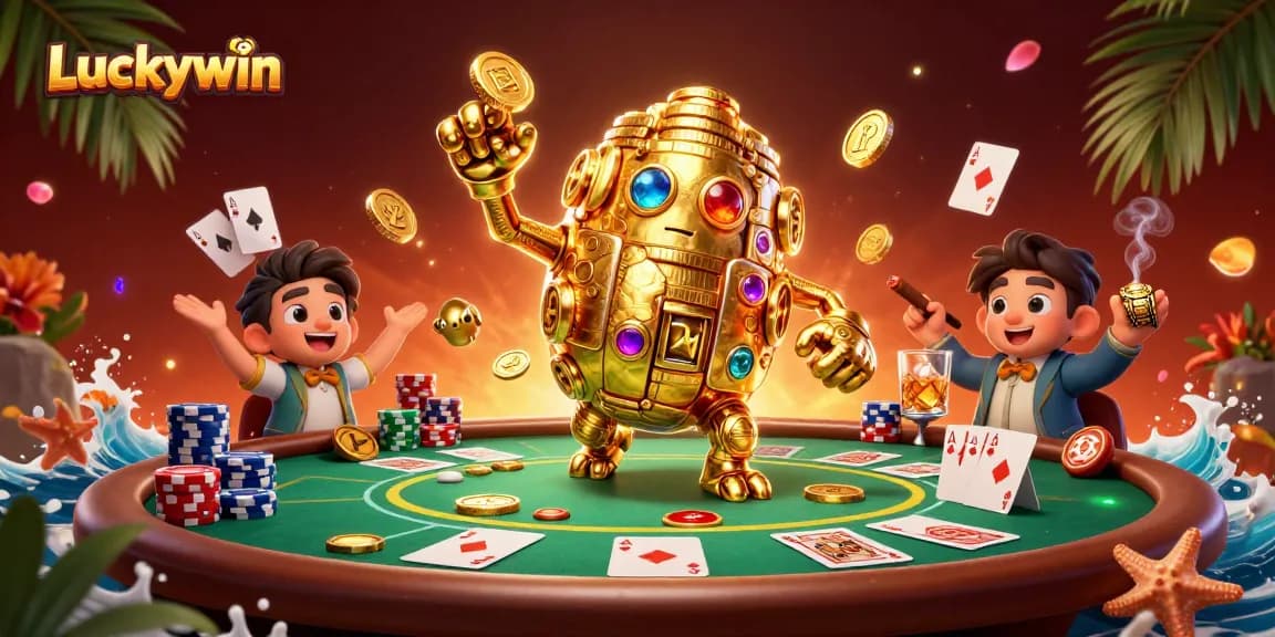 Experience thrilling gameplay at Luckywin with a dynamic poker scene featuring a golden golem and rich game elements.