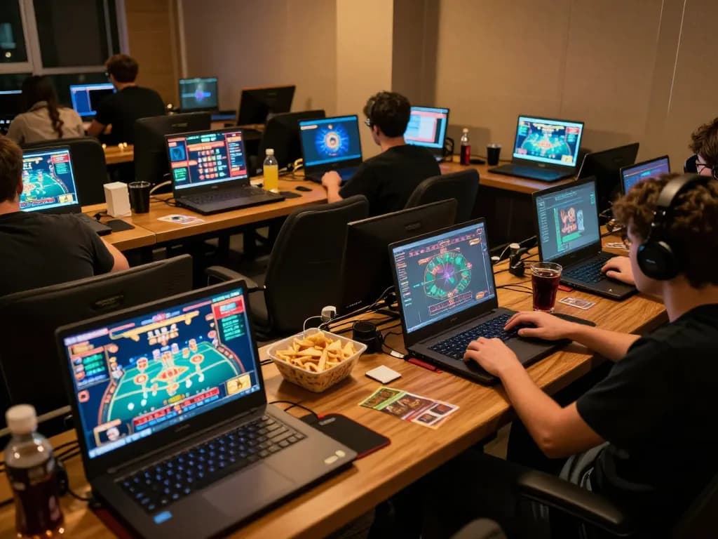 Players enjoying online casino games at 13win with vibrant screens and snacks during gameplay.