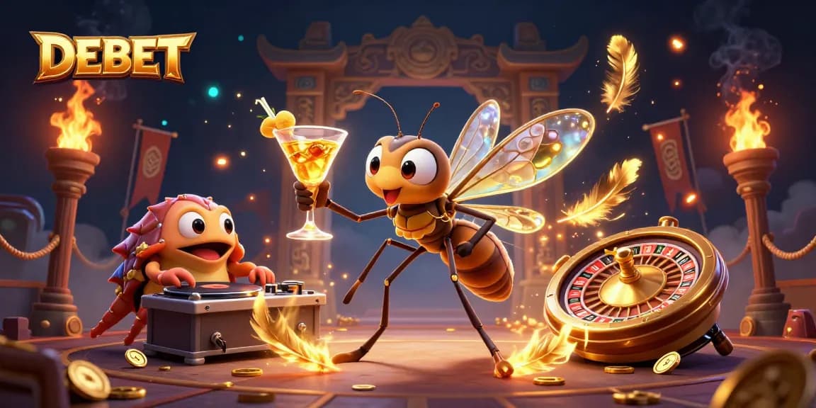 Experience the DEBET casino thrill with a vibrant 3D illustration featuring unique characters and dynamic elements.