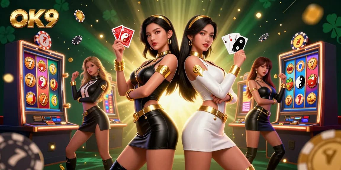 Engage in thrilling gameplay with OK9's twin Asian women holding playing cards against a dynamic casino backdrop.