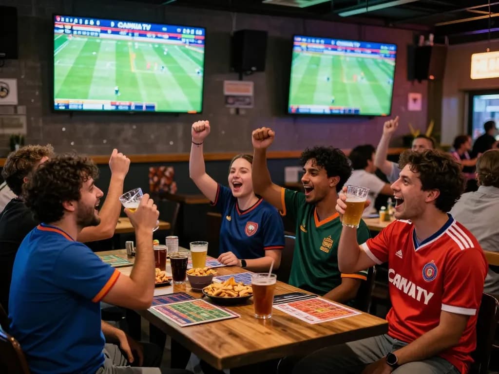 Fans enjoying live football on CAKHIA TV in a lively sports bar atmosphere with cheering and snacks.