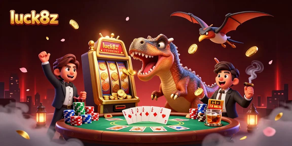 Luck8z casino scene featuring a dinosaur theme with vibrant gold coins raining down from a slot machine.