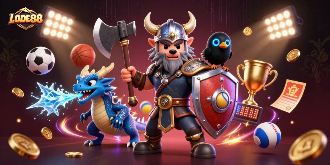Engage with LODE88's thrilling gaming atmosphere, featuring dynamic sports elements amidst Viking warrior and dragon visuals.
