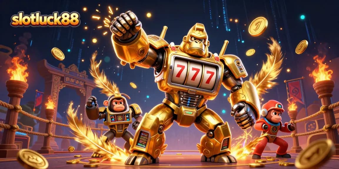 Engage in thrilling games at slotluck88 with a vibrant scene of a golden gorilla mech in a dynamic casino atmosphere