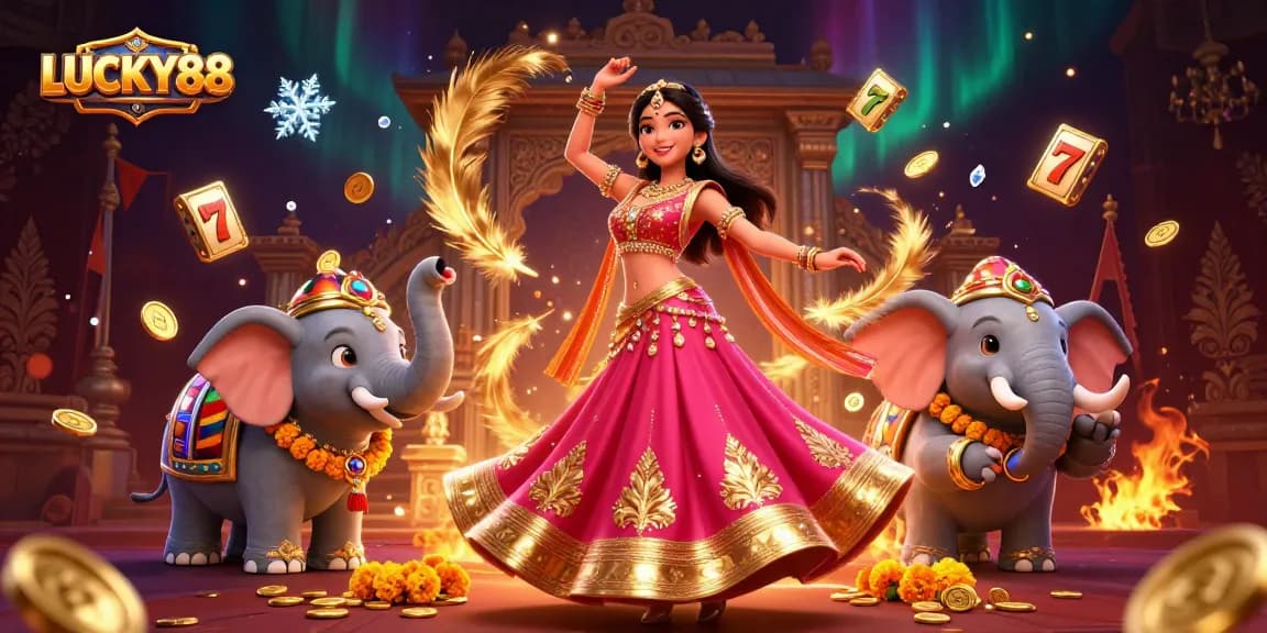 Engage with LUCKY88 through a vibrant slot game scene featuring cultural elements and dynamic visuals.