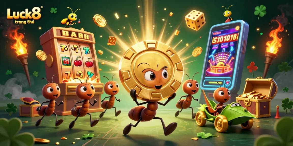 Experience Luck8 trang chủ through a lively heist scene with playful ants and golden slots bursting with treasure.
