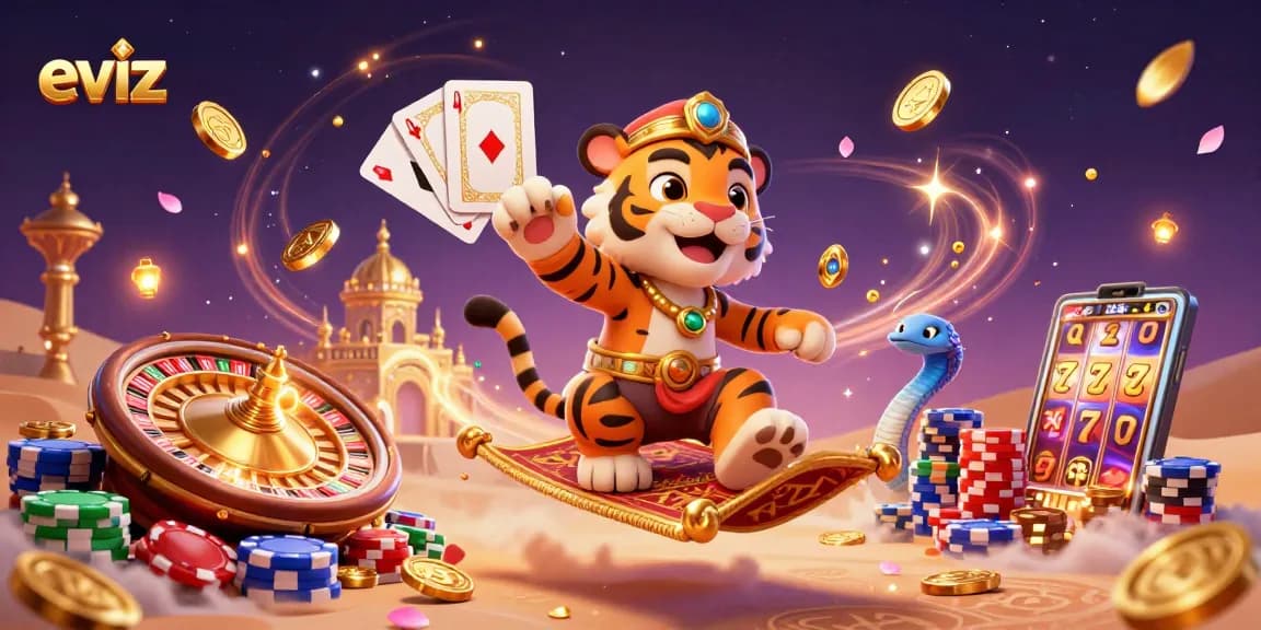 eviz showcases a tiger sultan on a flying carpet amidst casino elements, enchanting the gaming experience.