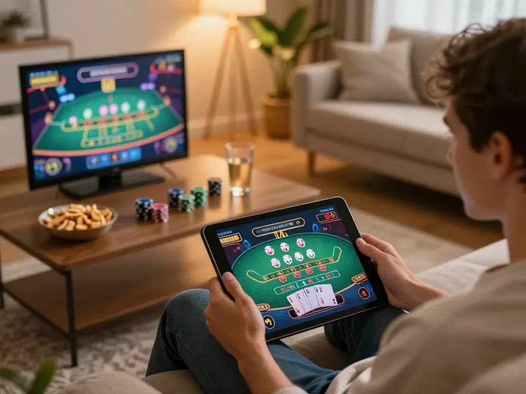 Player engaging in live dealer blackjack on okwin68 tablet, showcasing online gaming excitement in a cozy home setting.