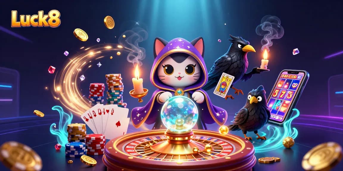Engage with Luck8's enchanting casino scene featuring mystical characters and vibrant game elements.