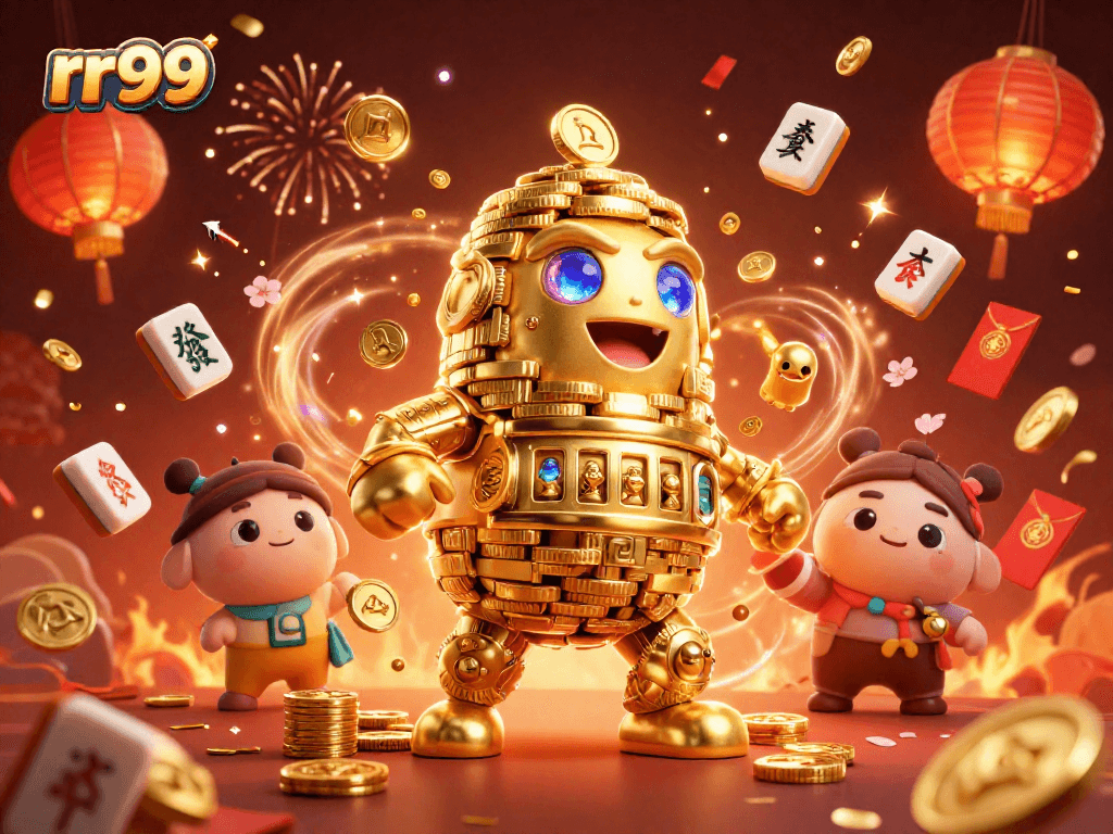 Engage in dynamic gameplay at rr99 featuring vibrant casino elements and a golden golem mascot.