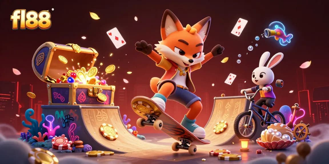 Experience the excitement of fl88 as the skateboarder fox performs tricks over golden poker chips amidst vibrant casino elements.