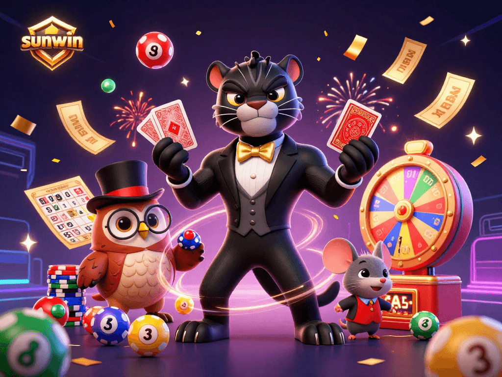 Engage with sunwin as dynamic characters celebrate winning moments in a vibrant casino scene.