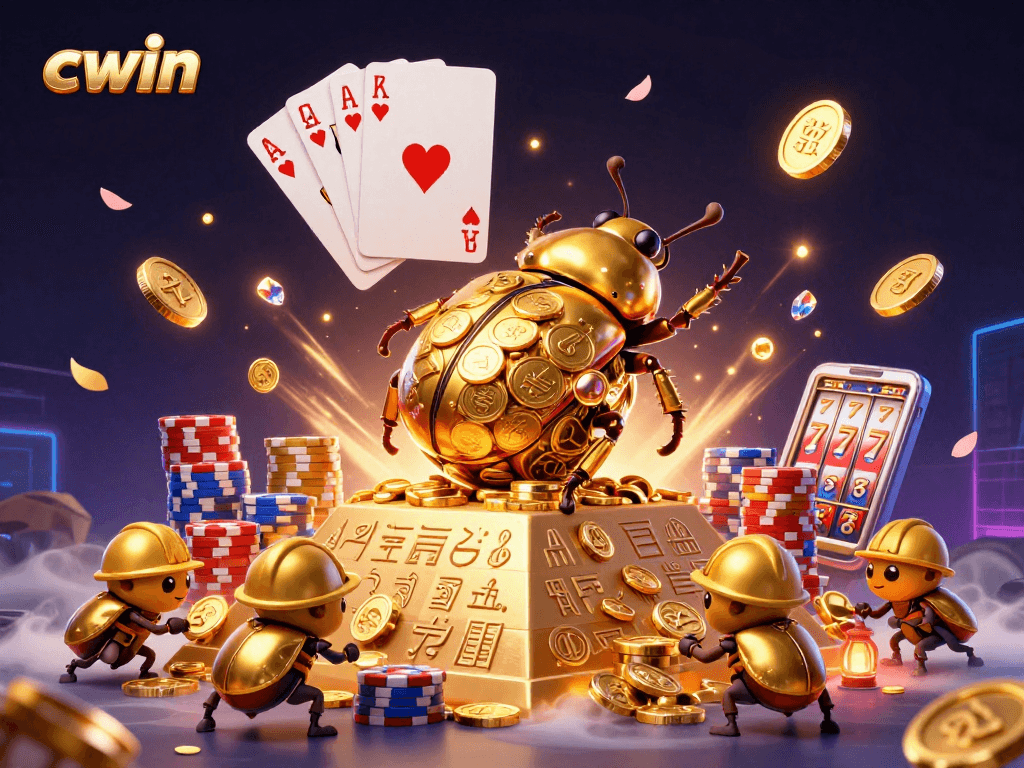 Experience the thrilling cwin atmosphere with golden beetles and casino symbols in action.
