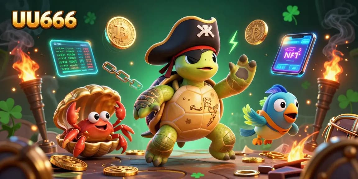 Experience exciting gambling with UU666 while a lively pirate turtle and friends uncover treasures amid digital crypto elements.