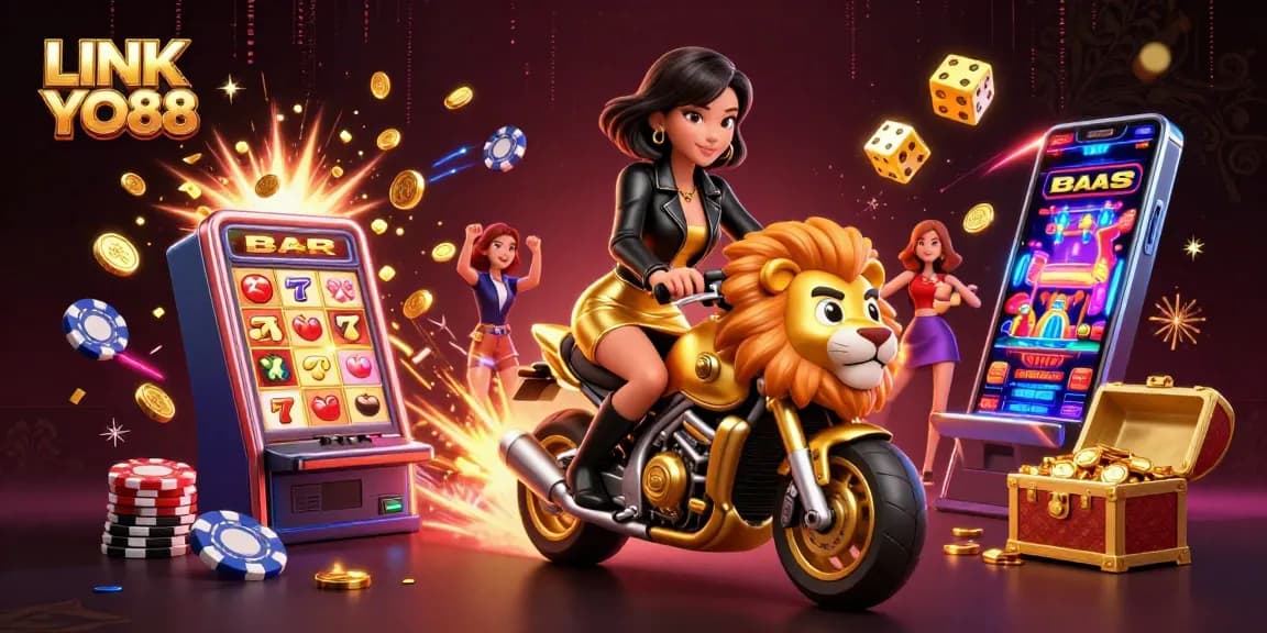 Spin to win with LINK YO88 as 3D characters ride a golden lion through a vibrant casino scene.