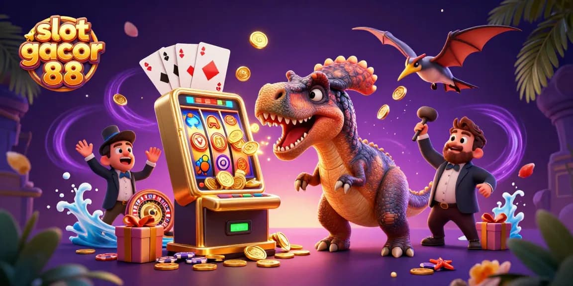 Experience excitement with slot gacor 88 as creatures and golden coins erupt in a lively casino scene.