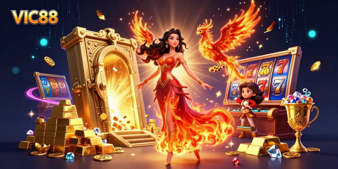 Experience the thrill of VIC88 slots with dynamic treasures and gaming elements in this vibrant 3D illustration.