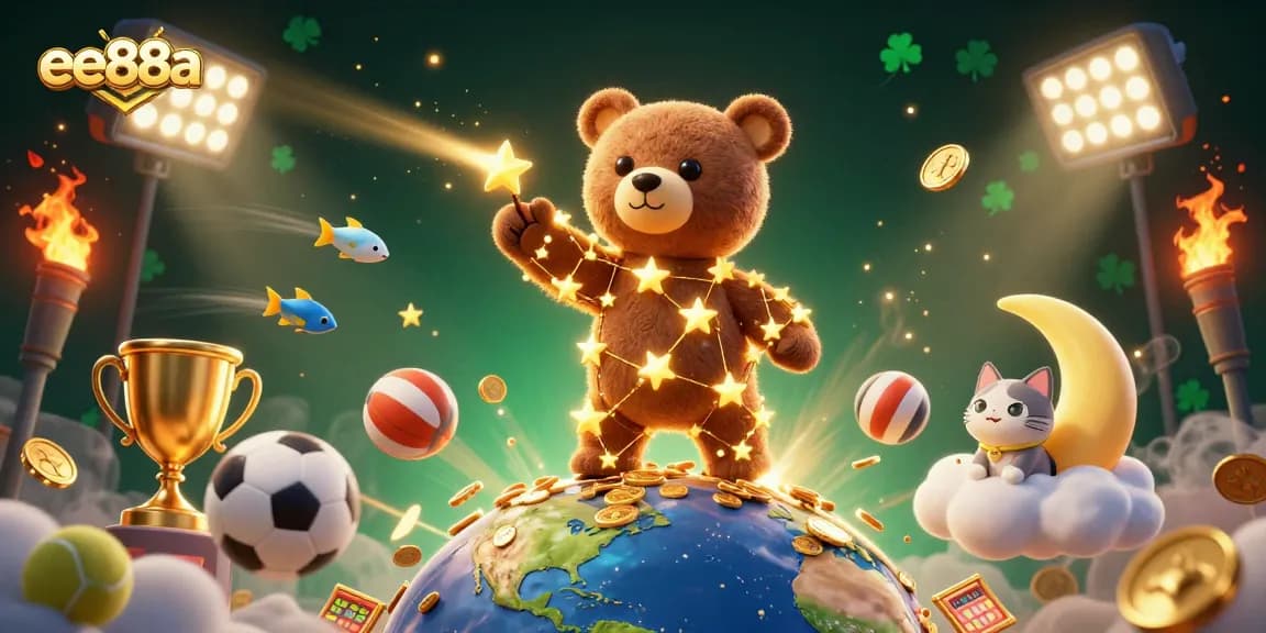 Win big with ee88a while the golden constellation bear collects coins in a sports-themed casino scene.