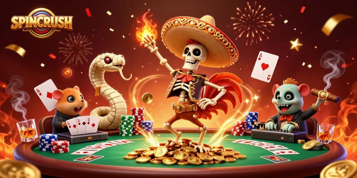 Experience SPINCRUSH as the cartoon characters celebrate wins on a vibrant poker scene, illustrating excitement and gaming.
