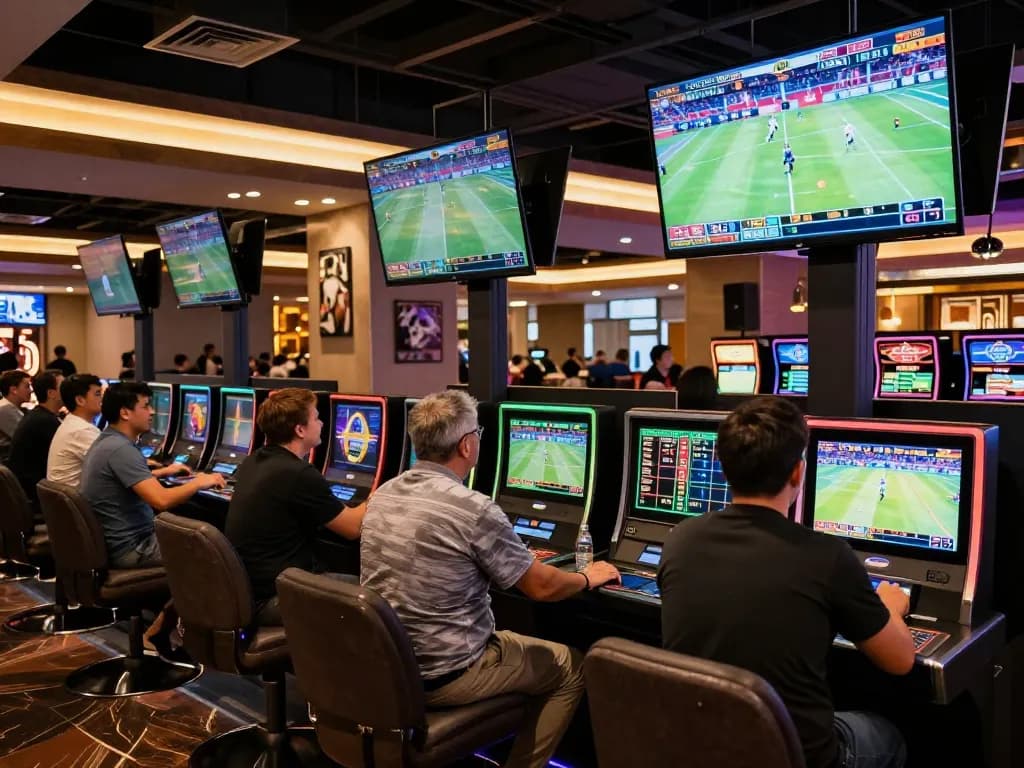 Hbet betting enthusiasts placing wagers while analyzing live sports events on screens in a vibrant casino setting