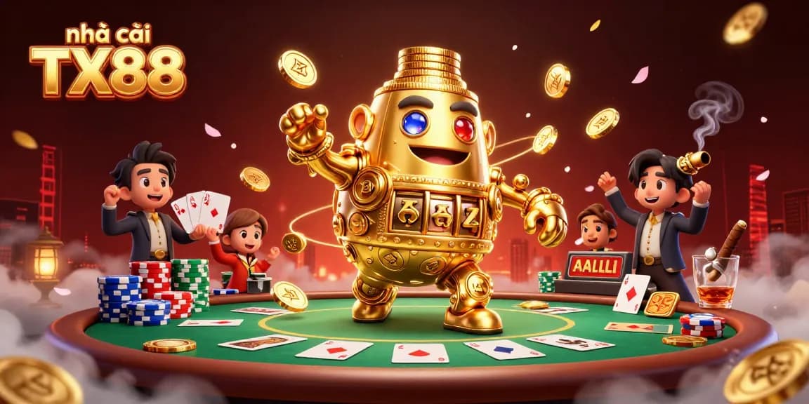Engage with nhà cái TX88 featuring a vibrant casino scene filled with poker elements and golden golem.