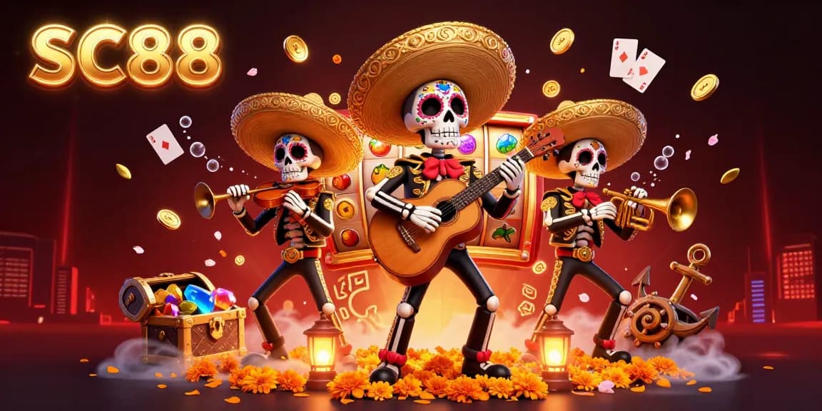 Engage with SC88's vibrant casino world, featuring Dia de los Muertos skeleton musicians amidst gold coin jackpots.