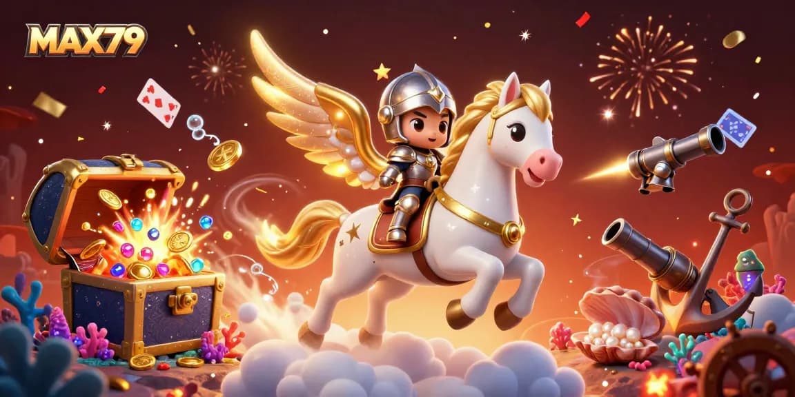Experience the thrill of MAX79 with a vibrant 3D illustration showcasing a celestial horse and knight amidst a treasure-filled scene.