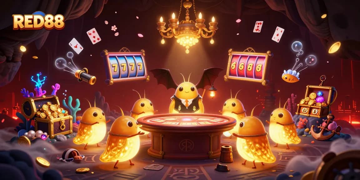 RED88 engages players with vibrant slot reels in a captivating casino scene.