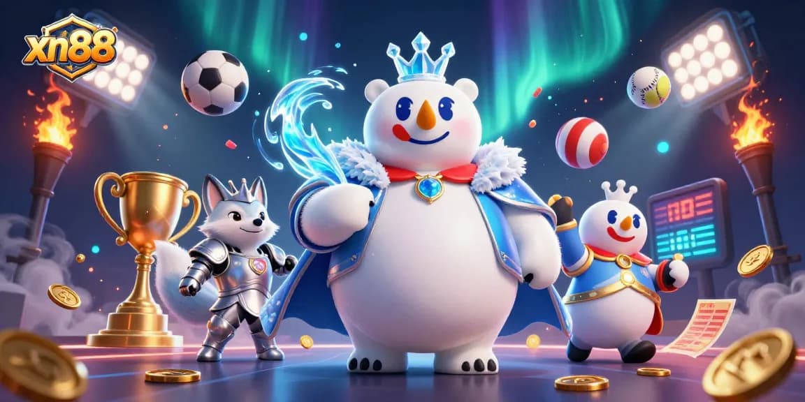 Xn88 sports betting action scene with polar bear king and silver fox, dynamic sports balls and glowing trophies