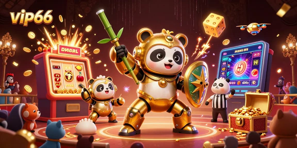 Experience a thrilling scene with vip66 showcasing a mech-suit panda in a vibrant casino atmosphere.
