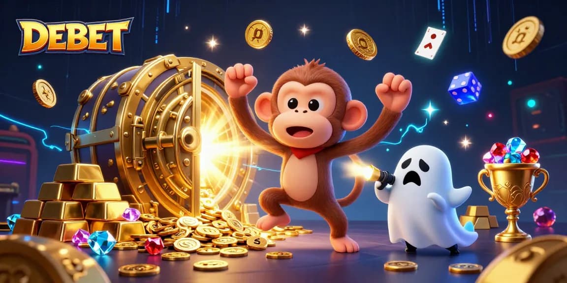 Engage with DEBET through an exciting scene of a mischievous poltergeist monkey juggling gold in a haunted casino.