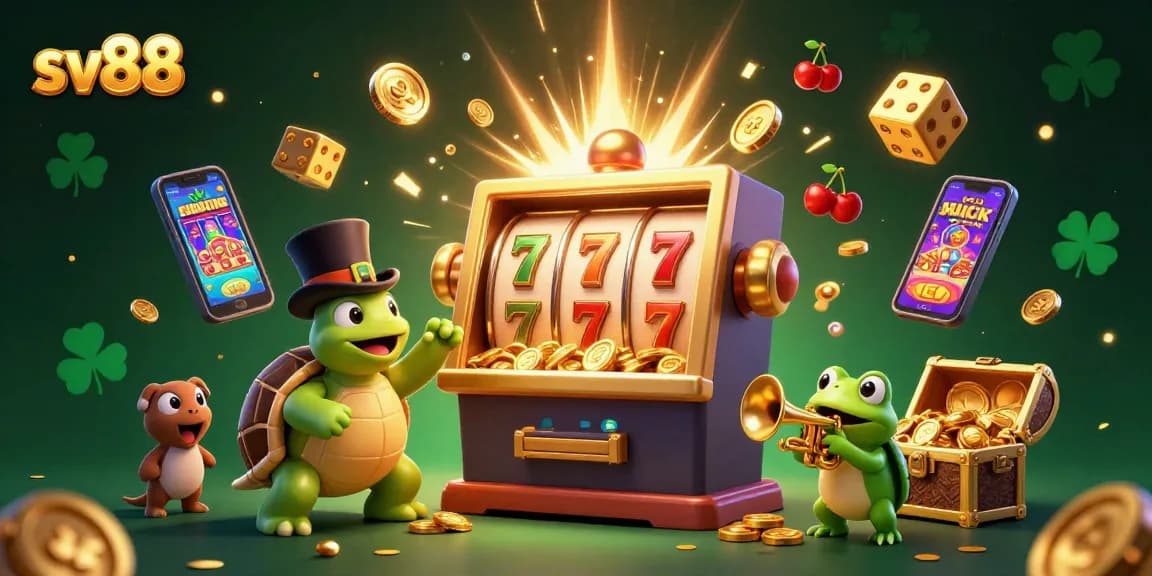 Win big with sv88 at a lively casino with colorful slot machine and playful characters.