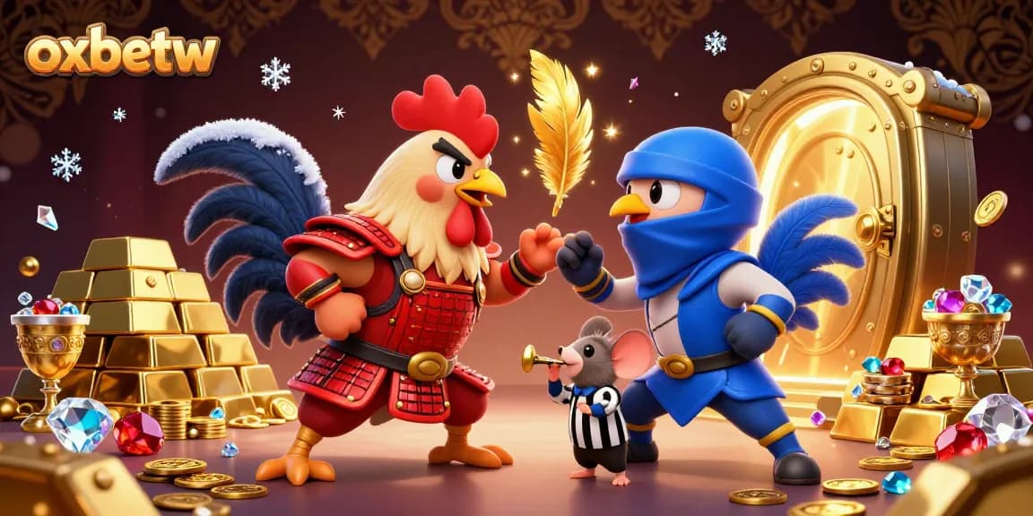 Bet on action with oxbetw's thrilling rooster battle in a dazzling 3D casino setting.