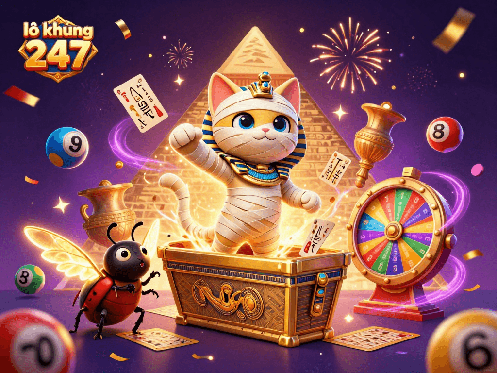 Engage with lô khung 247 through a captivating digital casino illustration featuring an Egyptian mummy cat and lottery elements.