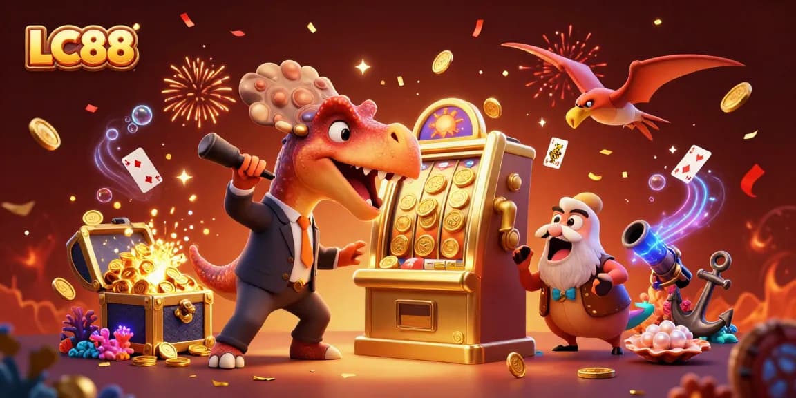 Experience the excitement of LC88 with a dinosaur-themed casino illustration featuring dynamic gambling action.