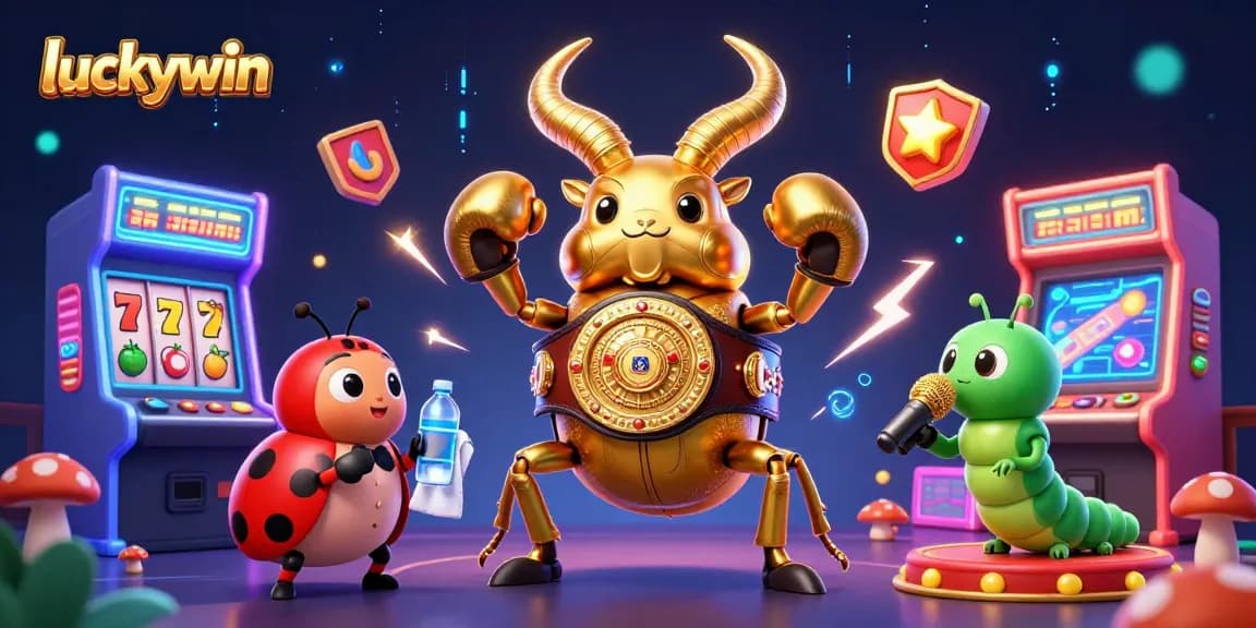 Play luckywin with a vibrant 3D cartoon atmosphere featuring a golden stag beetle champion and dynamic casino elements.