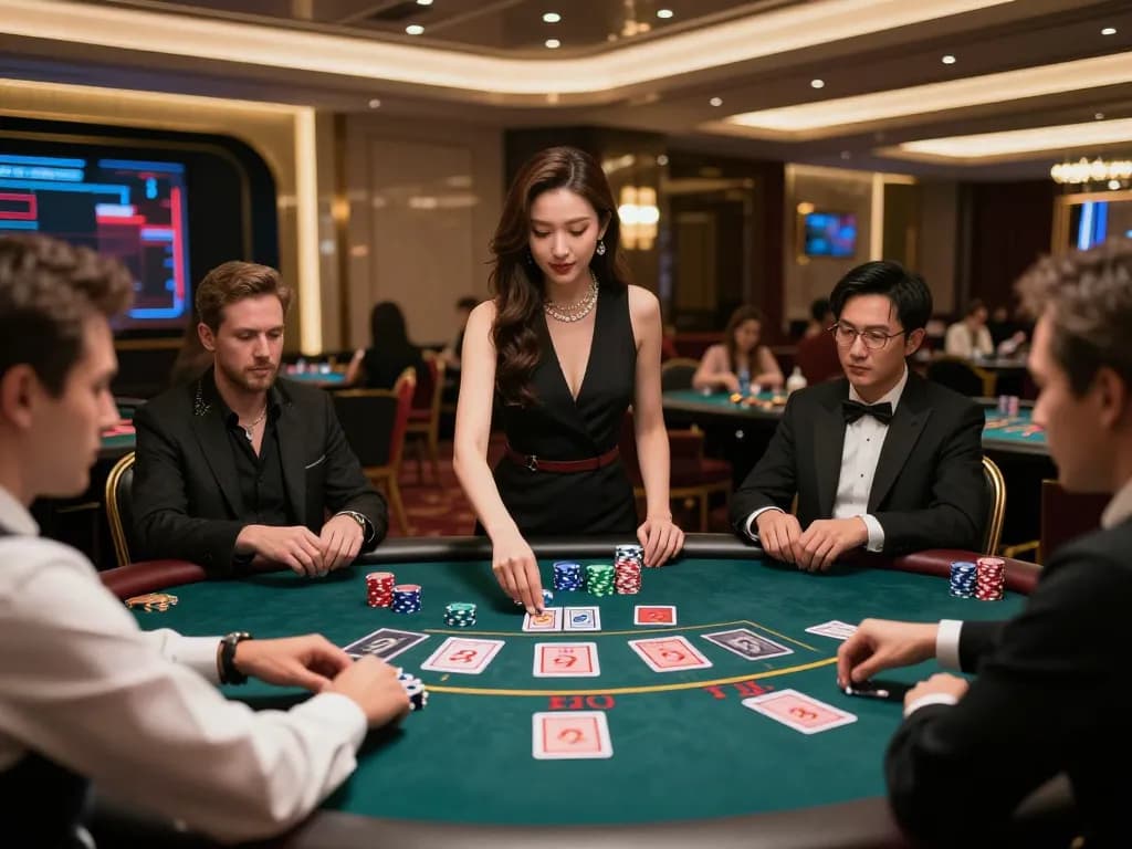 Players enjoying a thrilling blackjack game at mu88 live casino, showcasing an elegant atmosphere and engaged dealer.