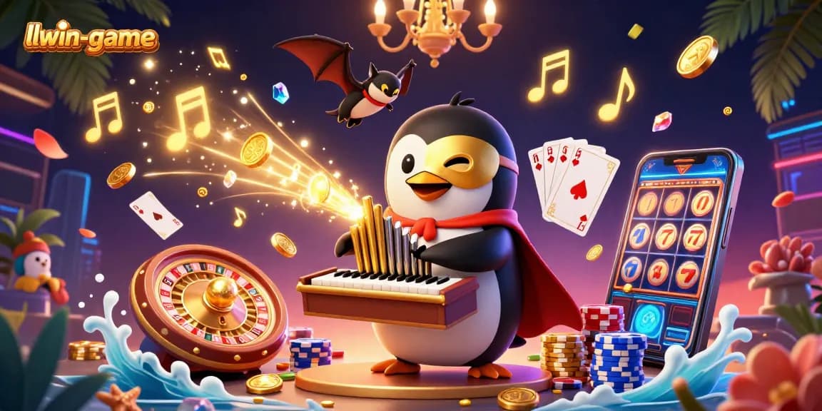Experience the excitement of llwin-game with a phantom opera penguin in an engaging casino scene.