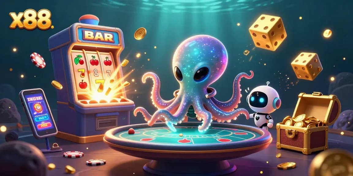 x88 engages in thrilling gameplay at a holographic table surrounded by vibrant casino elements