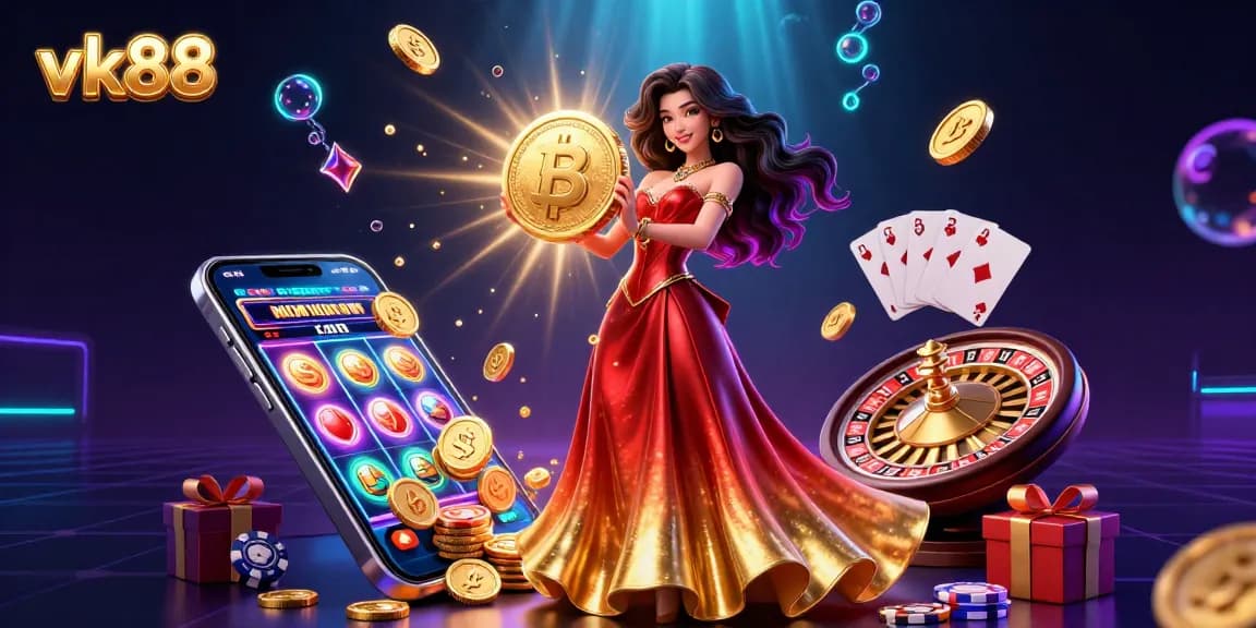 Experience the excitement of vk88 with a gorgeous Asian woman holding a golden coin as coins rain down in a vibrant casino scene.