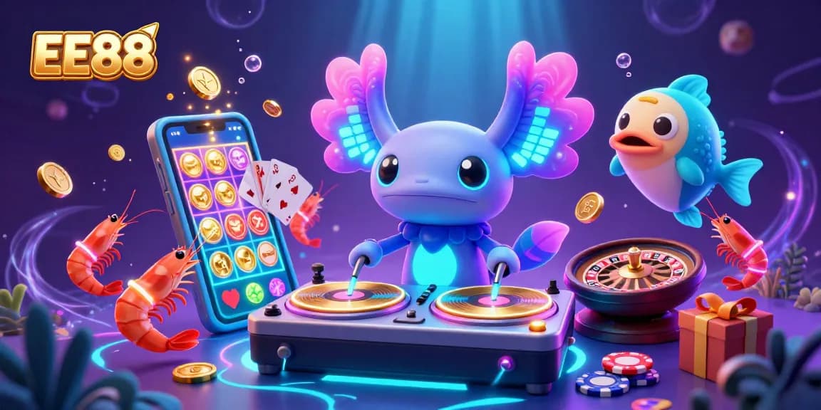 Engage in thrilling gameplay at EE88 with a vibrant underwater casino scene featuring a neon axolotl DJ.