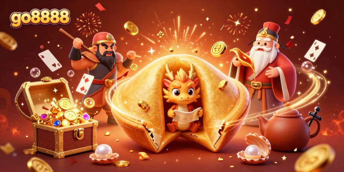 Experience the thrill of go8888 with vibrant casino elements, featuring a golden fortune cookie scene.