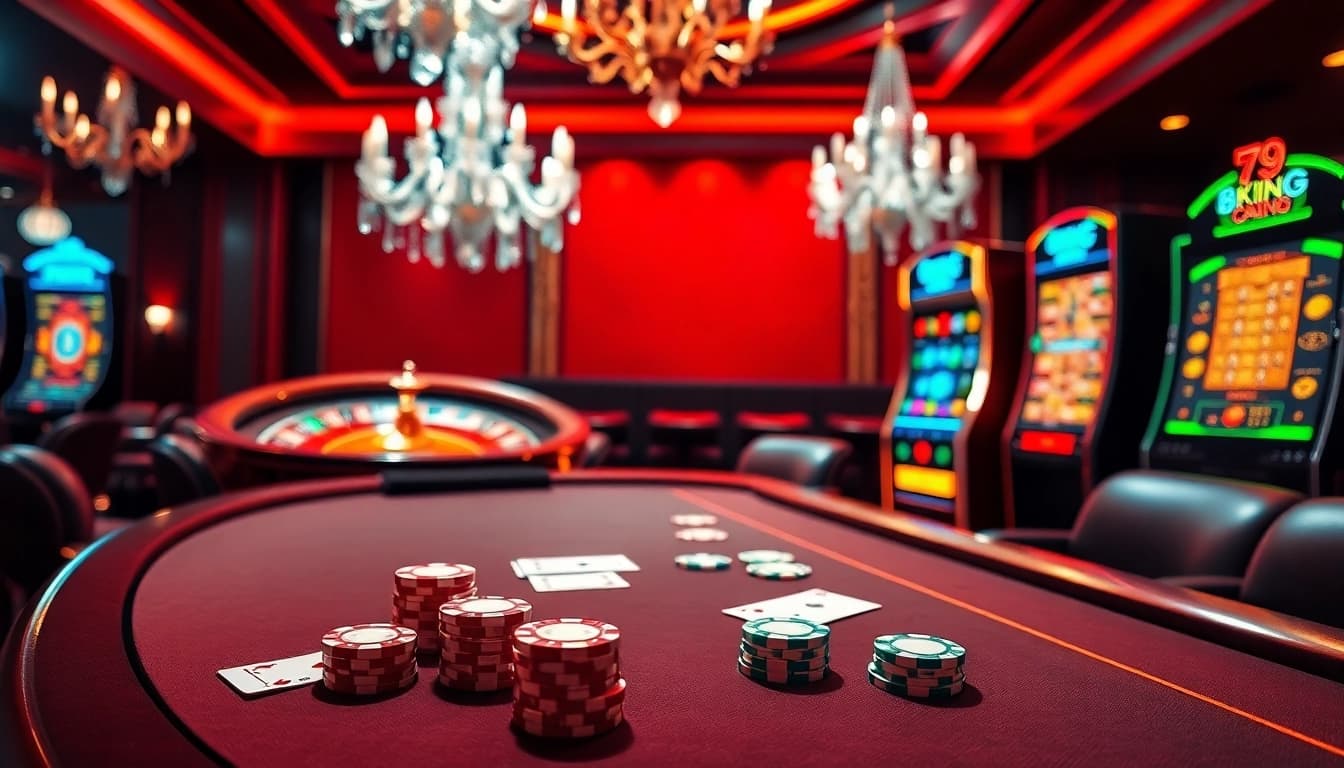 79KING poker table with high-quality chips and cards, showcasing a vibrant casino atmosphere.